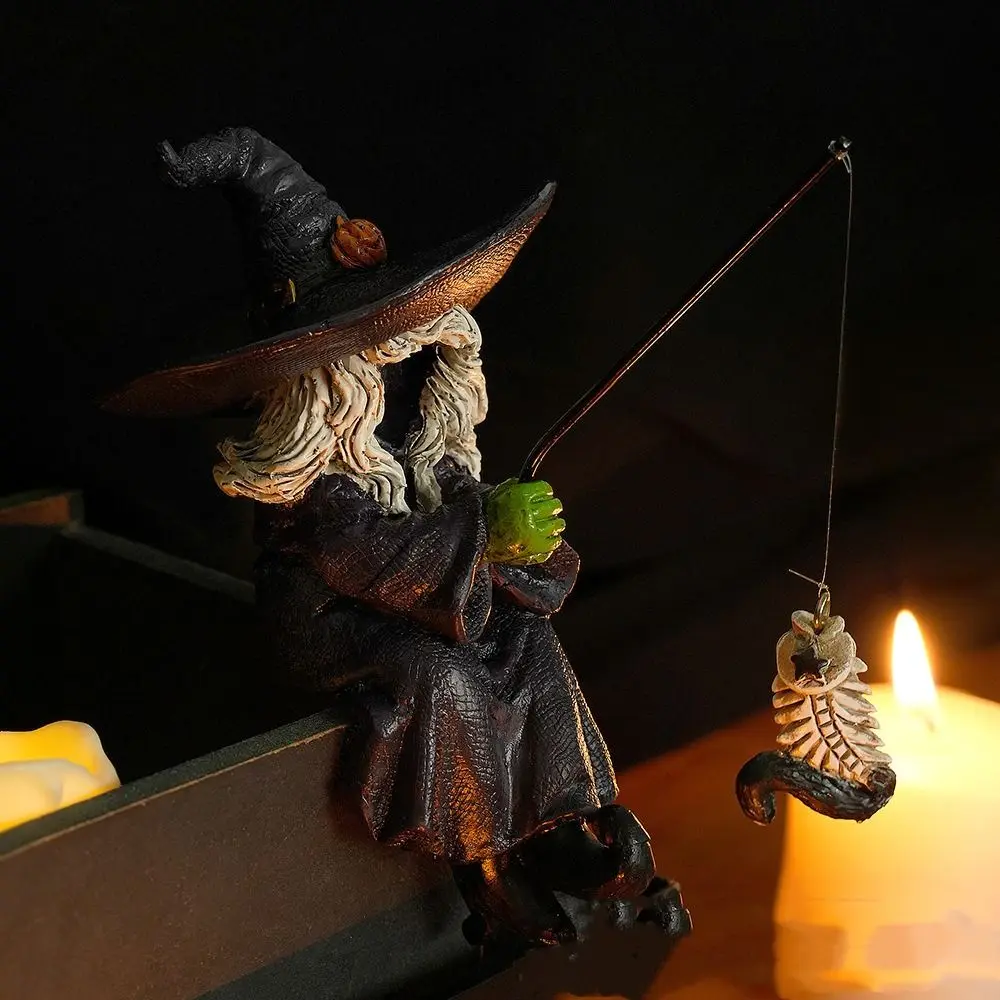 

Fish Tank Ornament Resin Fishing Witch Statue Crafts Funny Halloween Witch Sculpture Decorative Ghost Festival Ornament Desktop