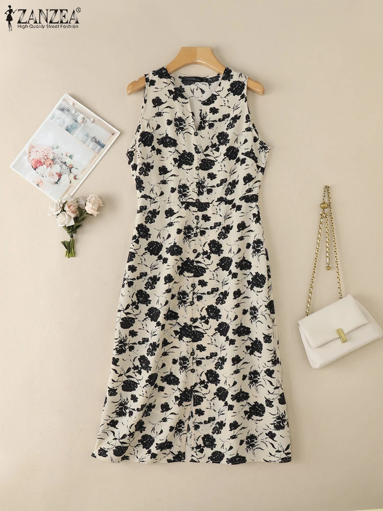 

ZANZEA V-Neck Sleeveless A-line Robes Femme Woman 2025 Summer Commuting Floral Printed Midi Dresses Casual Elegant Vestidos