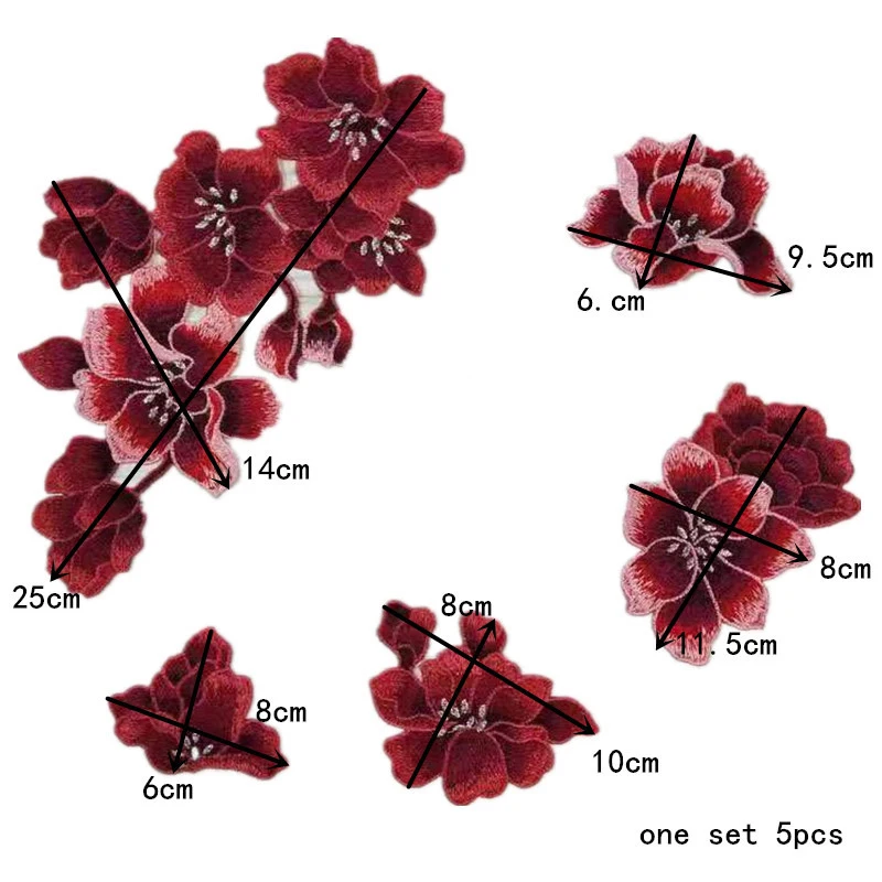 Magnolia Flower Embroidery Applique Set Dress Cheongsam Clothes DIY Sewing Decoration Craft Accessories Red Flowers Patch