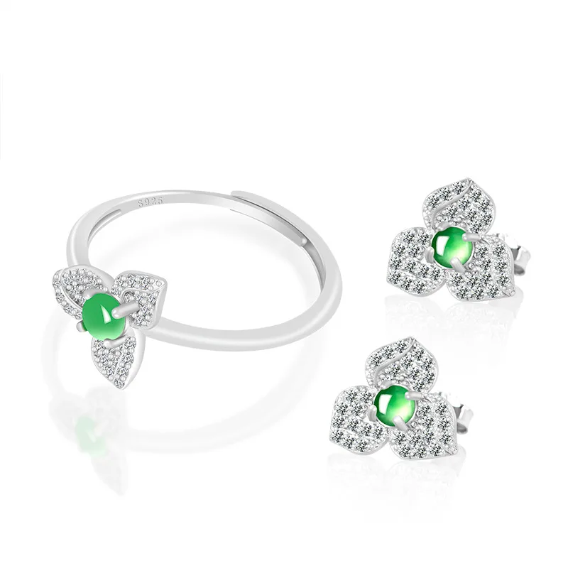 

Natural A-grade Jade Flower Sun Green Ring Ice Jadeite S925 Silver Set Fashion Ring Women's Gifts Earring Set Jewelry Wholesale