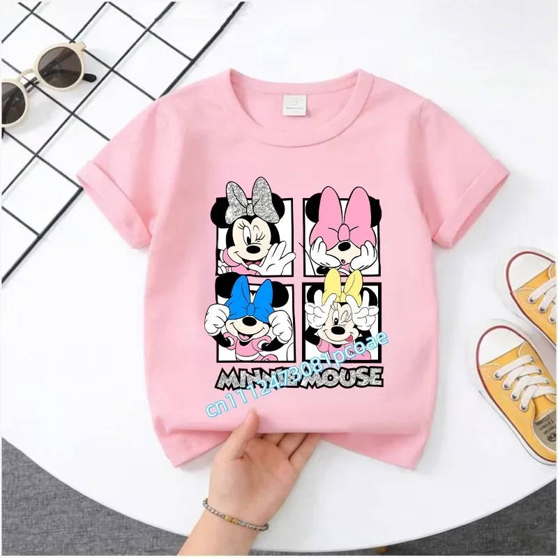 New Mickey Minnie children's pure cotton short-sleeved boys' sports shirt, girls' casual top with cartoon print, summer T-shirt