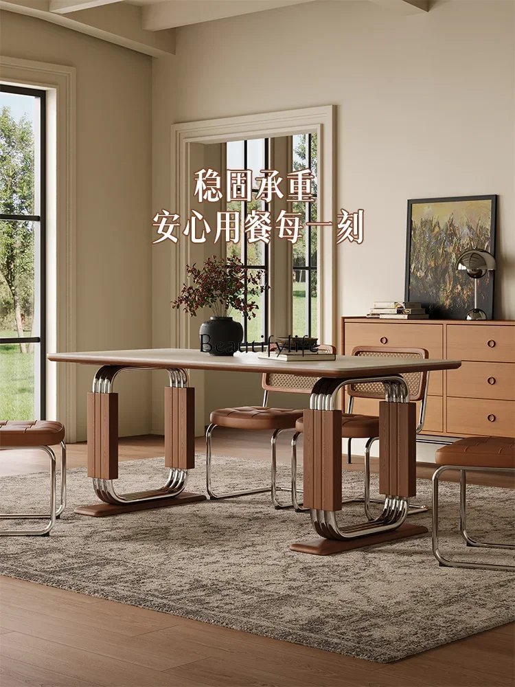 

07 Travertine Stone Plate Dining Table Rectangular Nordic Medieval Style Home Vintage Solid Wood Dining Table