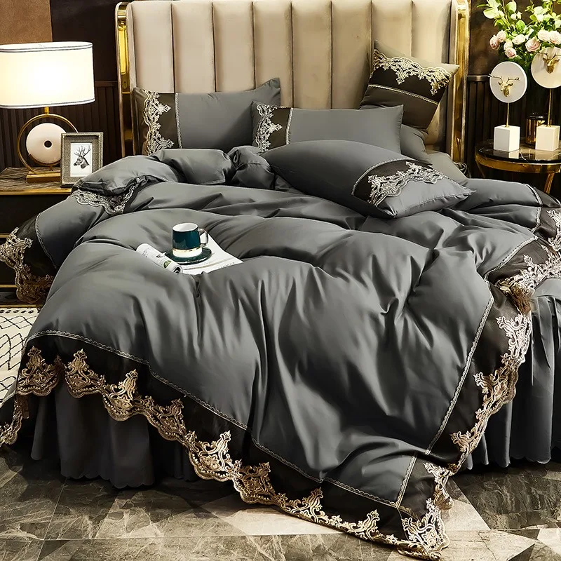 Elegant Luxury Lace‑Trim Satin Bedding Collection, Double‑Sided Smooth Silk 4‑Pieces Bed Set, Decorative Bed Skirt Duvet Cover
