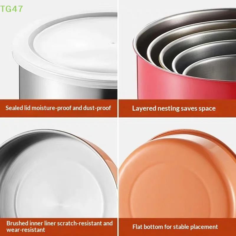 [LS]5Pcs Colorful Stainless Steel Mixing Bowls With Lids Stackable And Storage Bowls Dishwasher Safe For Kitchen Baking