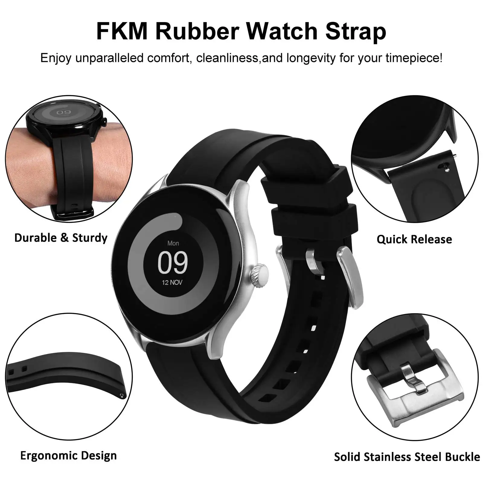 WOCCI Hevea FKM Rubber Watch Straps (Not Silicone) 18mm 20mm 22mm 24mm Quick Release Fluororubber Replacement Band Men Women