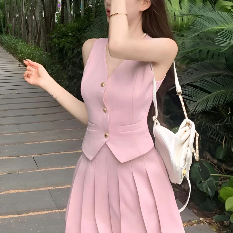 Sweet Temperament Two-piece Suit Women's Single-breasted Vest Top Pleated Skirt