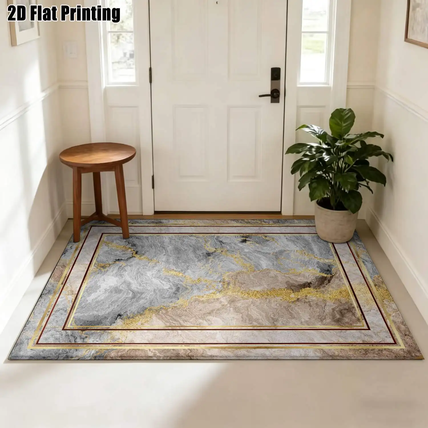 1Pc 2D Printed Carpet: Gold-Grey Marble Texture, European/Modern Minimalist/Vintage/Geometric Abstract Styles, Home Decor, Multi-Size, Machine Washable, Suitable for Entrance, Dining Room, Foyer, Bedroom, Living Room