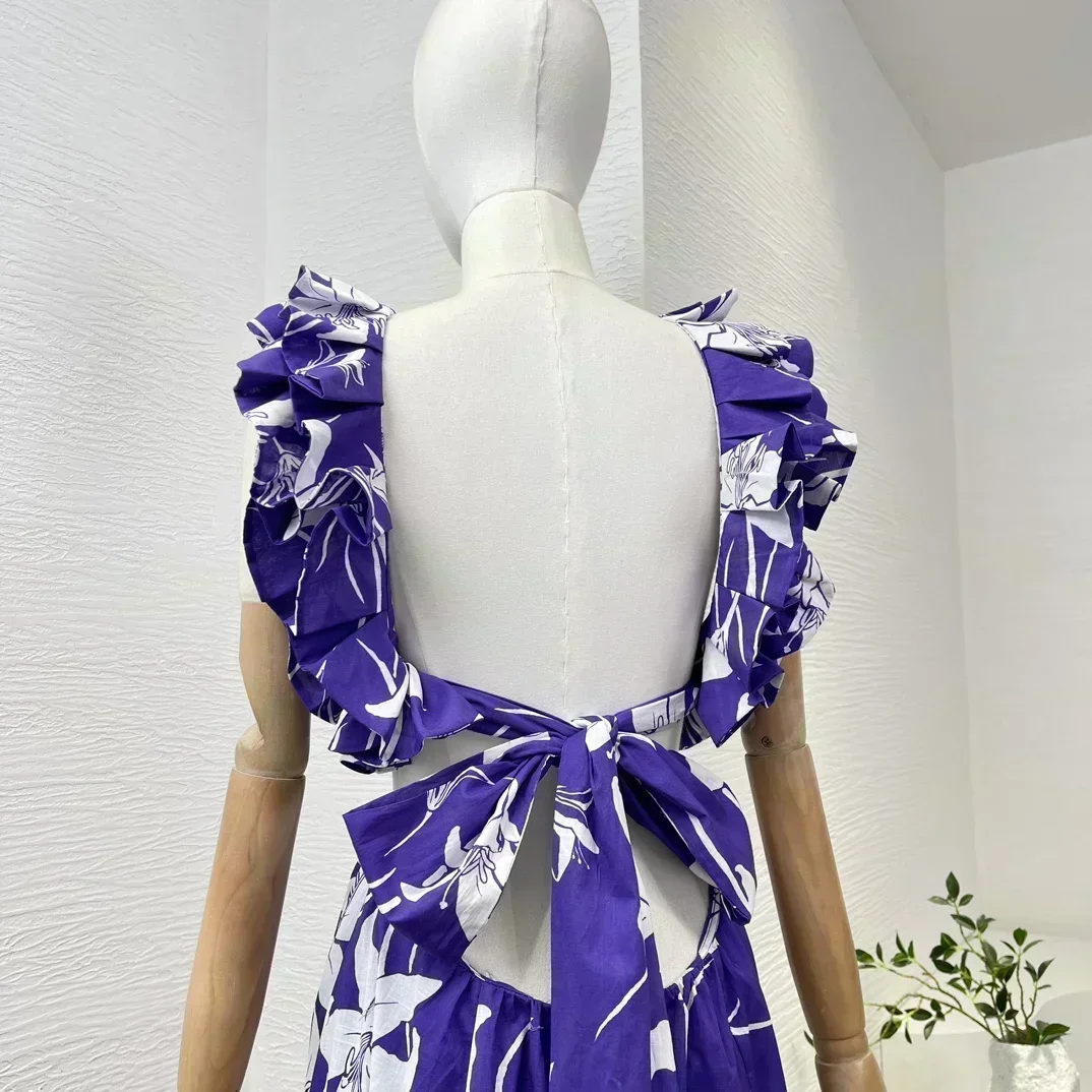 2024 Neue Kollektion Top-Qualität Violettes Volant ärmelloses rückenfreies langes Maxikleid für Damen