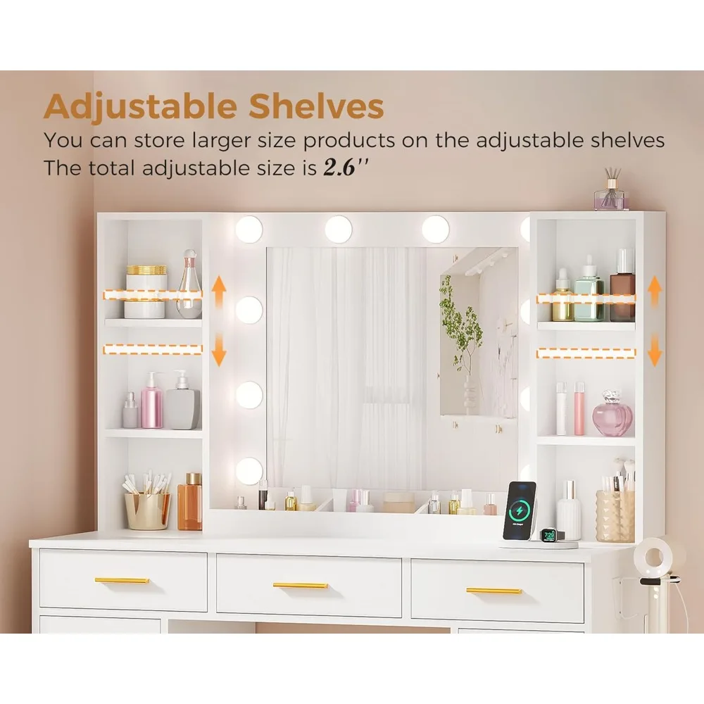 مكتب مكياج أبيض مع مرآة وأضواء ومخرج طاقة و11 درج و9 أرفف وحامل مجفف الشعر