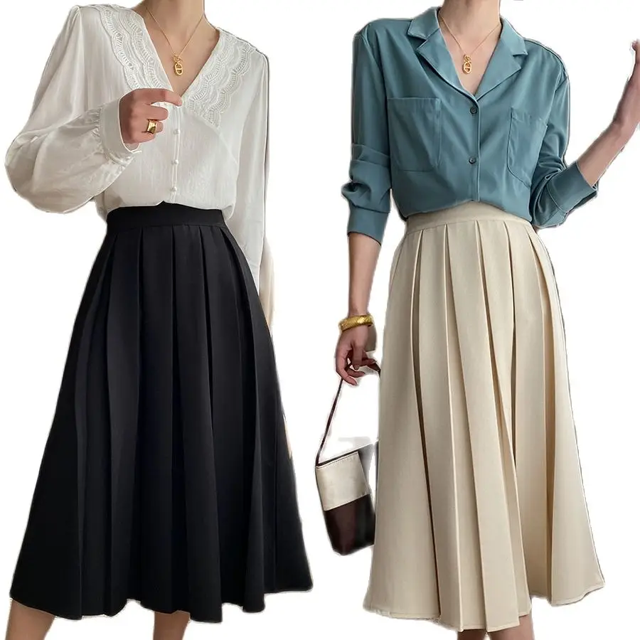 

2023 Spring Medium-Length Women's French Three-Dimensional Pleated High-Waist Skirt A-Line