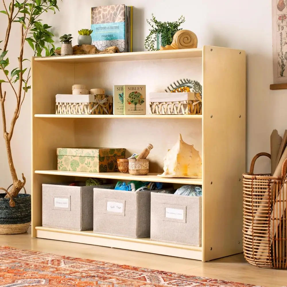 

Open Shelved Wooden Storage with Fabric Bins: Kids Bookcase and Toy Organizer for Homeschool and Classroom