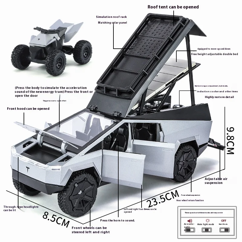 Масштаб 1:24 CYBERTRUCK, Игрушечная модель из сплава со звуком, фотосессия и весна-идеально подходит для детских игр и коллекции