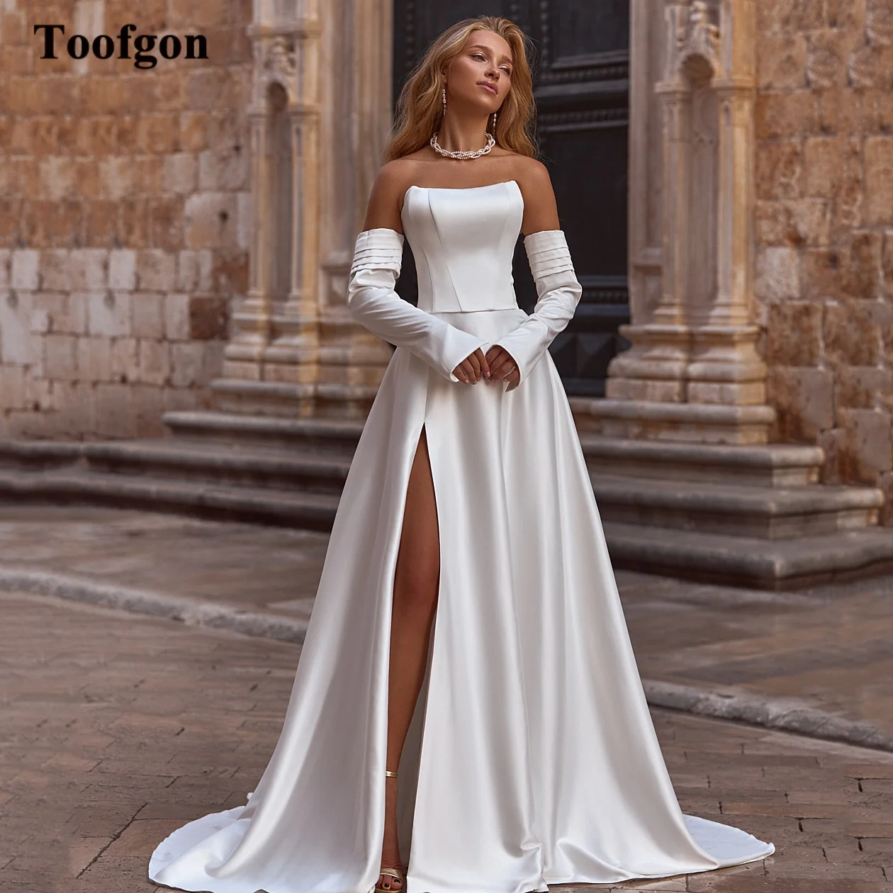 Toofgon Soft Satin Customized Wedding Dresses Removable Long Sleeve Slit Formal Bride Dress Corset Bridal Photography Dresses
