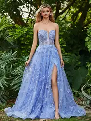 Classic Strapless Tulle Prom Dresses With Appliques A Line Long Evening Dress Simple Sleeveless Formal Occasion Cocktail Gowns