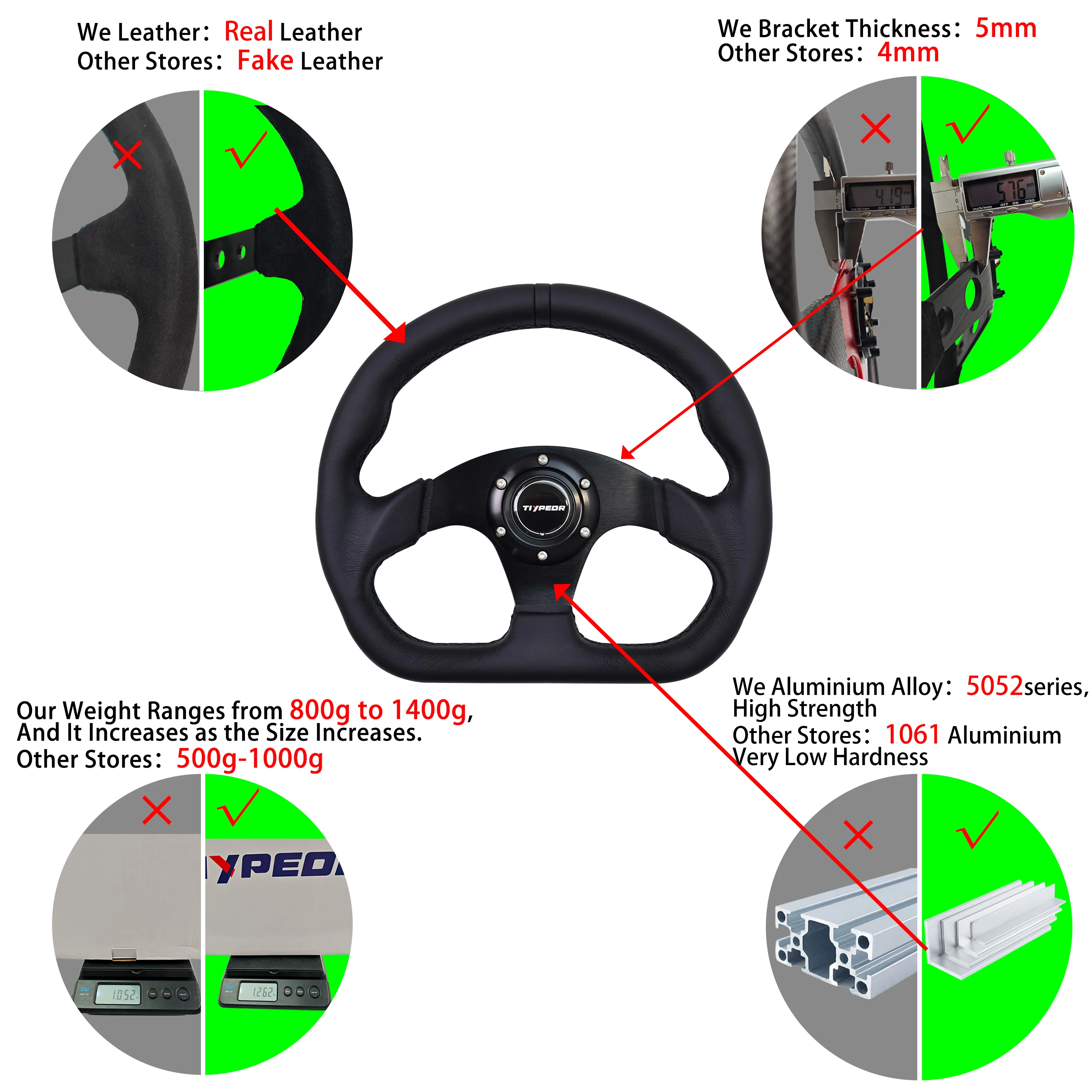 TIYPEOR 330mm D Shape Steering Wheel Genuine Leather Drift Car Racing Game Pc Steering Wheel