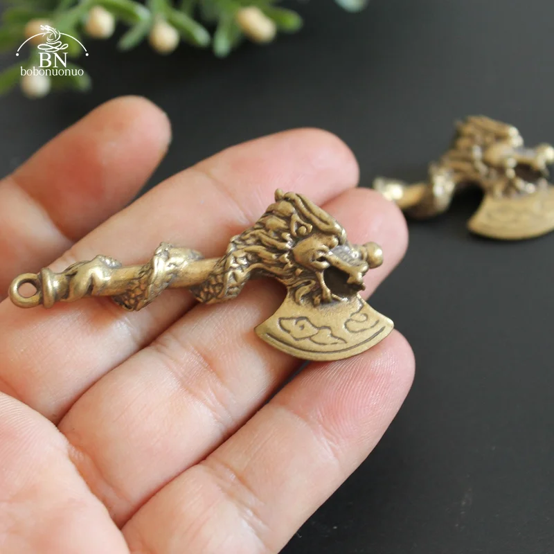 Antique Copper Chinese Ancient Dragon Head Axe Artifact Blessing Feng Shui Ornament Brass Figurines Desk Decoration Keychain Pen