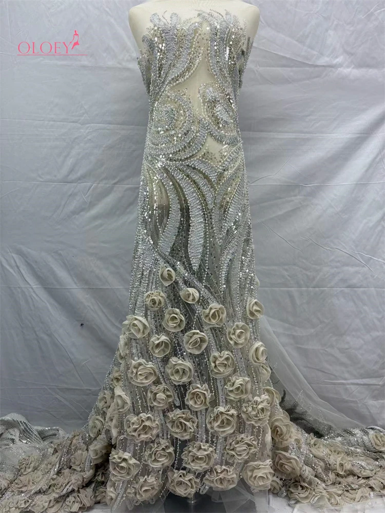 

OLOEY3D Hot New African Beaded Lace Fabric 5 yards Luxury French Sequins Embroidery Mesh Lace Fabric Ladies Wedding Party Dresse