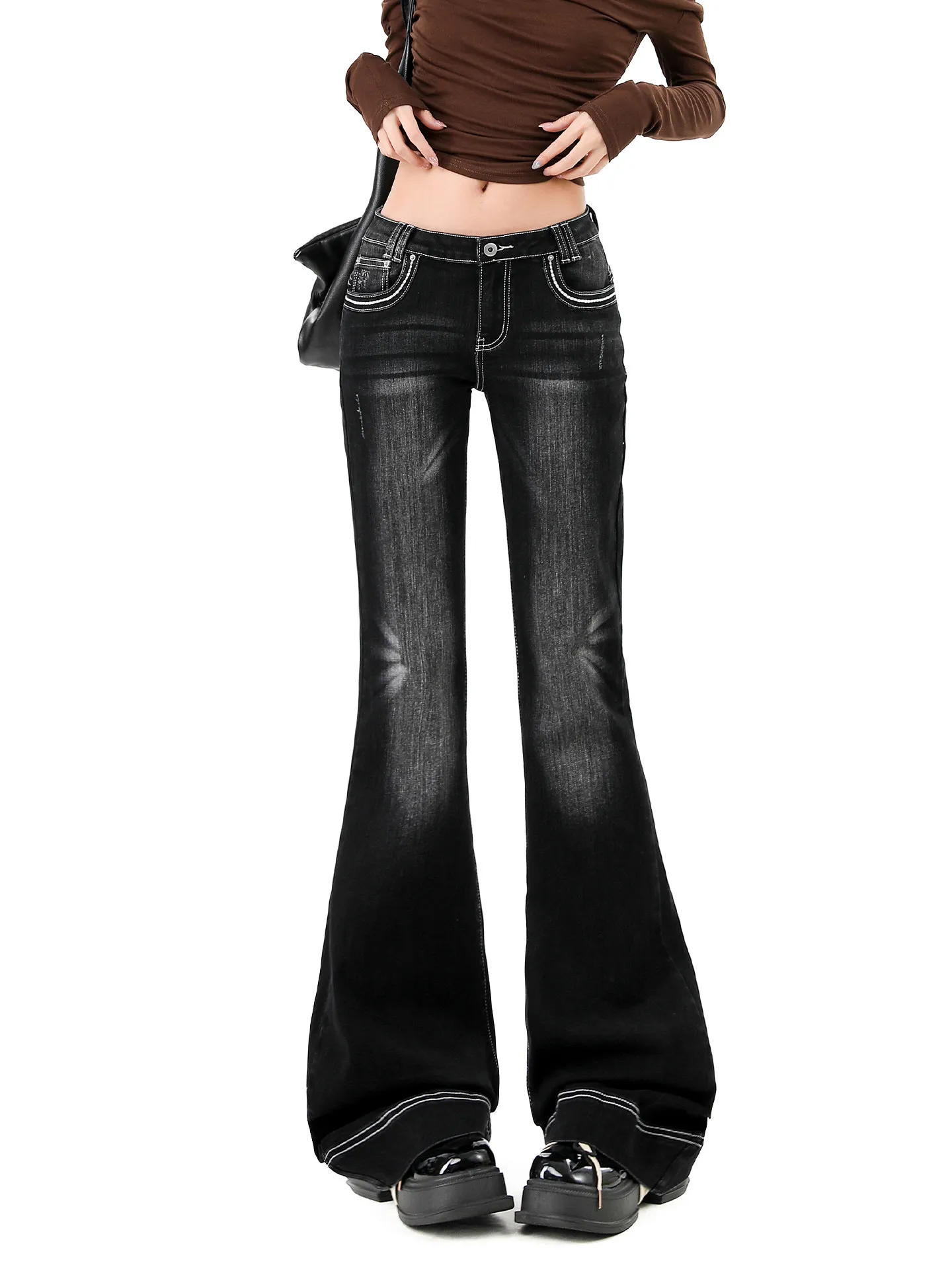 American Style Retro Low Waist Bell Bottom Jeans Women's Spring Autumn New Large Size Slimming Floor Length Bell Pants