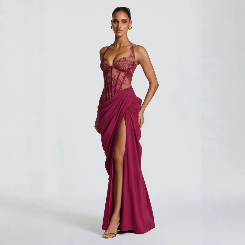 European and American women's slim fit pure desire suspender jumpsuit long dress slim fit solid color lace hip hugging dress