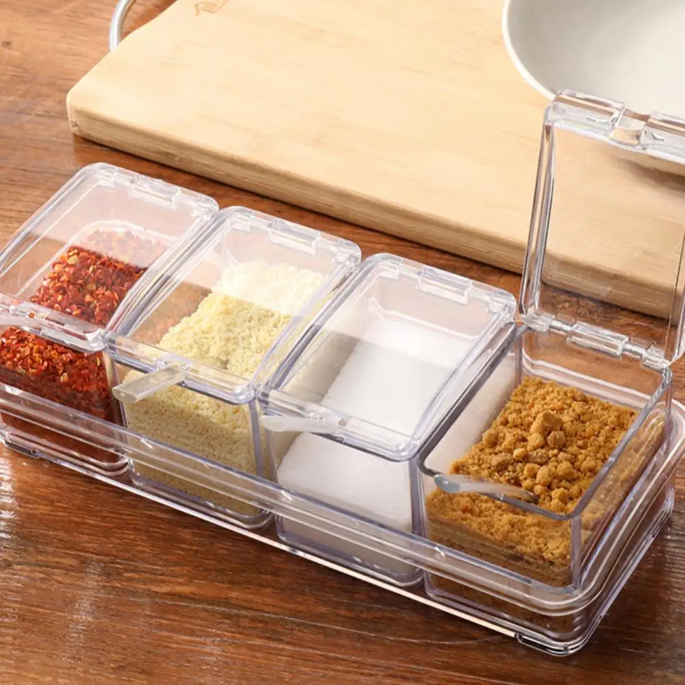 3/4 Grid Seasoning Jar with Spoon Acrylic Transparent Sugar Salt Box Kitchen Spice ContainerKitchen Organizer Storage Boxes