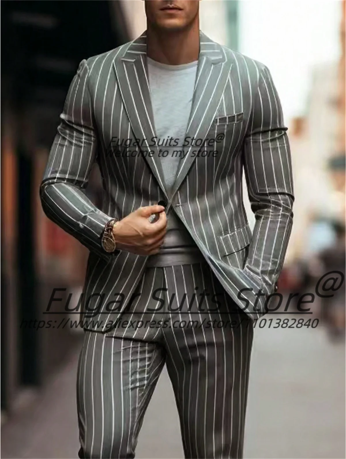 Business Gray Stripe Men Suits Slim Fit Tailor Made Peak Lapel Party Tuxedos 2 Pieces Sets Elegant Male Blazers Costume Homme