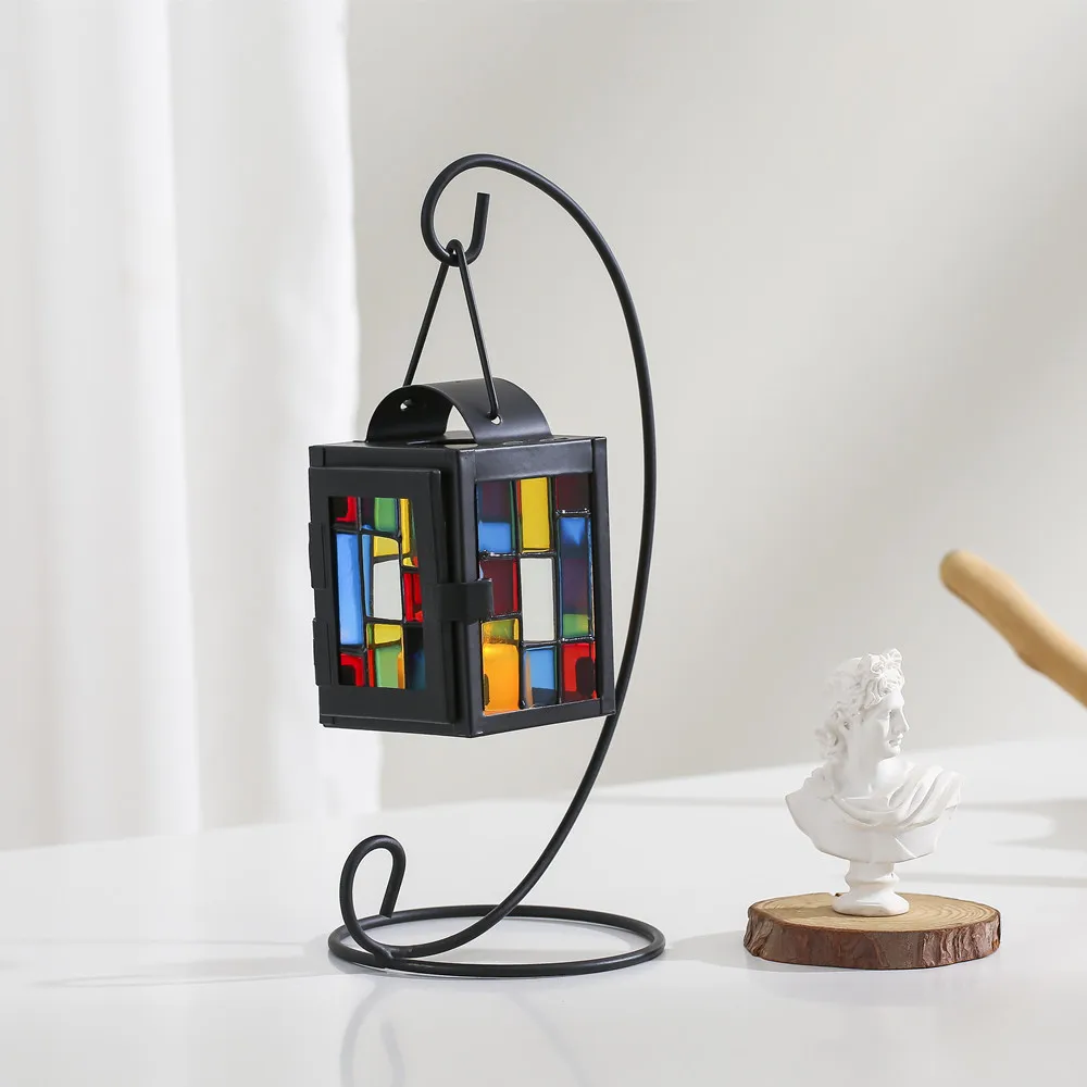 Iron Art Wind Lantern Morocco Colored Glass Candlestick Horse Lantern Creative Home Aromatherapy Candle Decoration Candle Holder