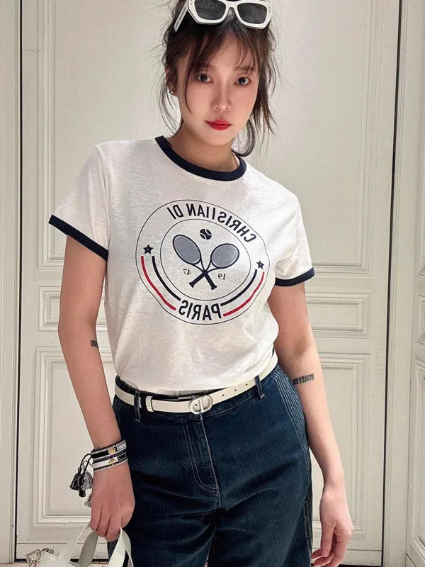 

White Cotton Linen ort Sve T-irt Women's Faionable Tennis Raet Print Casual round Ne Top Summer New Arrival