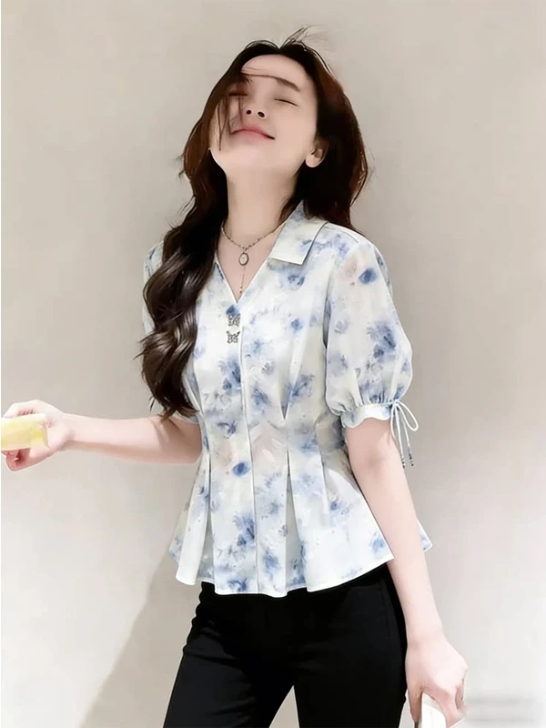 

Elegant Floral Print Neck Short Sleeve Shirt Women's Summer plus Size Waist Cinched Belly Concealing Trendy European Sty...