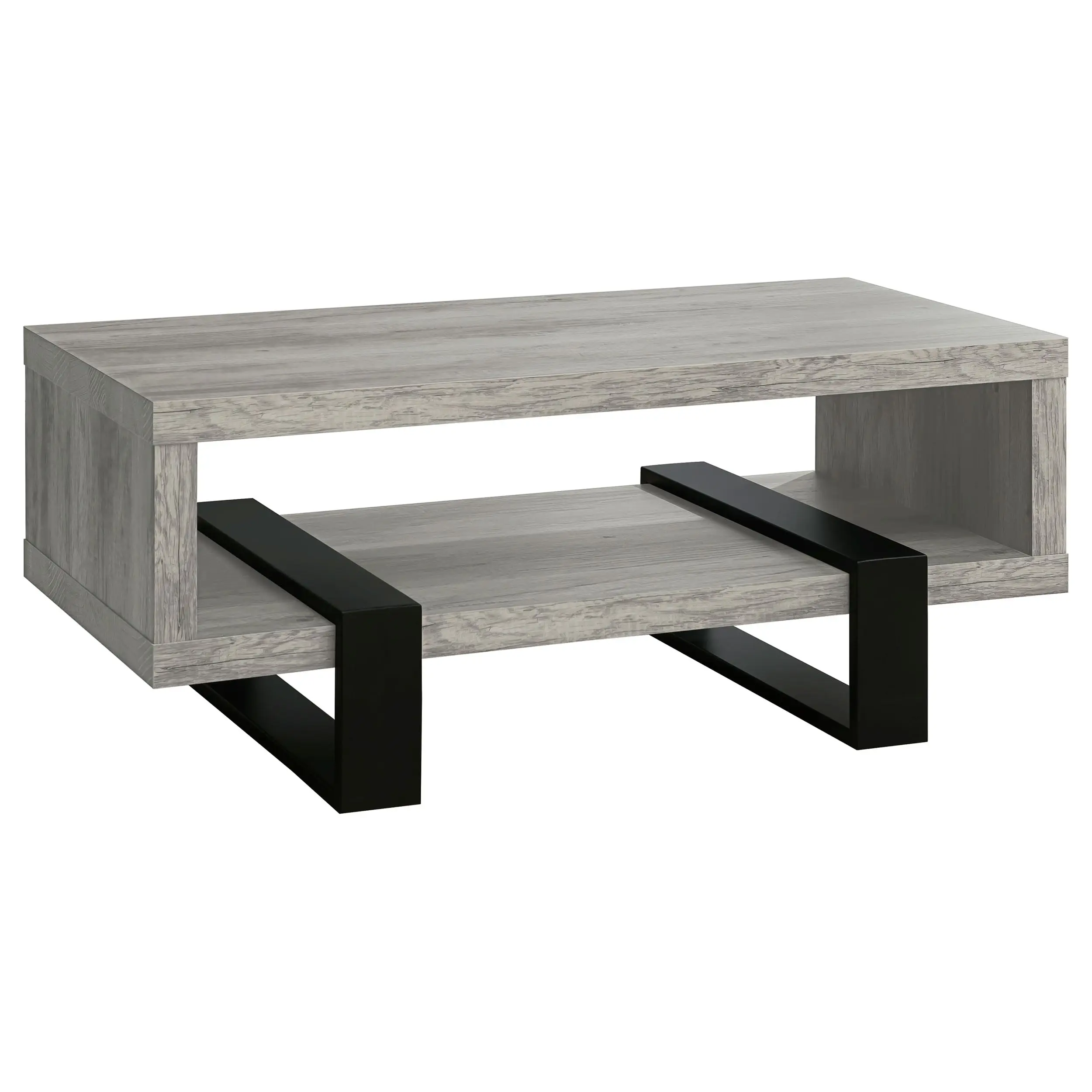 

Modern Gray Driftwood Coffee Table With Metal Legs And Open Shelf 47 Inch