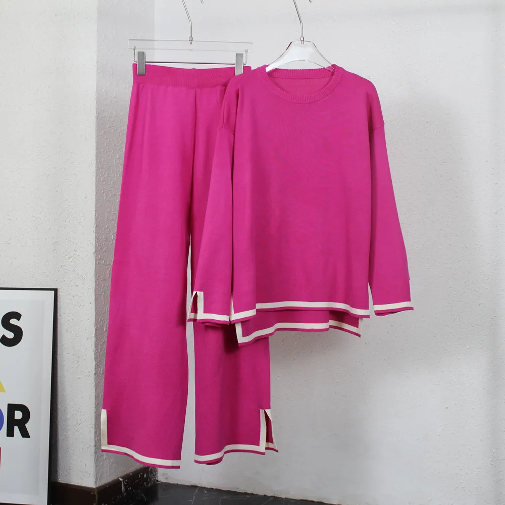 

Autumn Casual Knitted Suits O Neck Pullover+Wide Leg Pants Women Fashion Loose Sweater Two Pieces Keep Warm Pants Sets