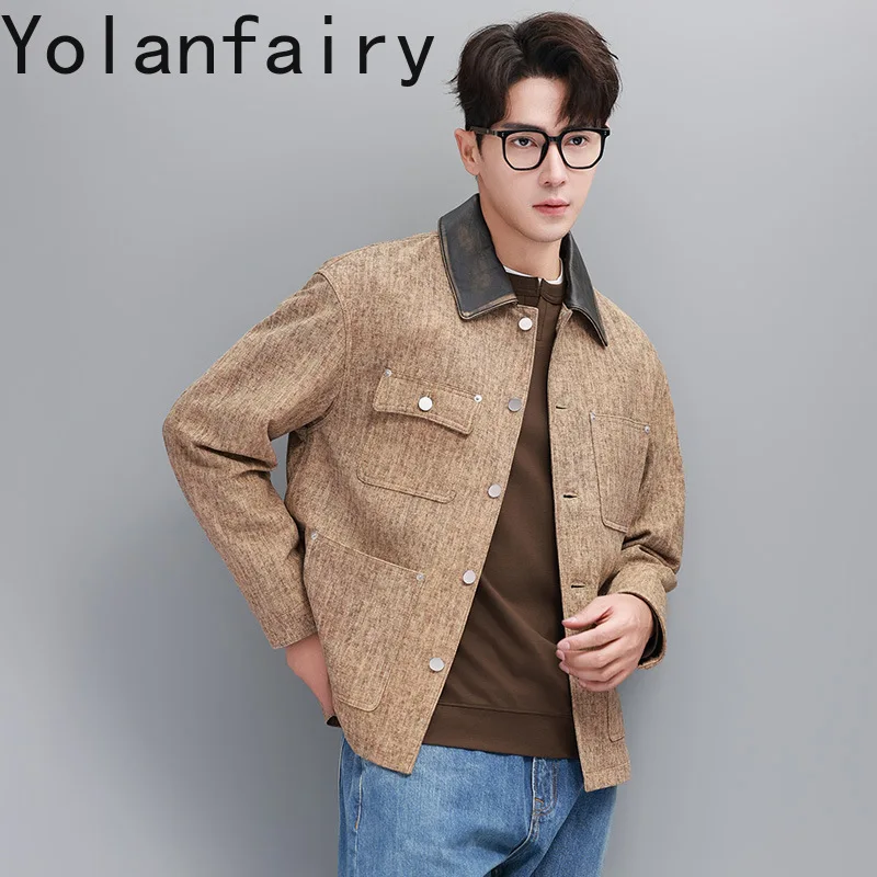 YOLANFAIRY Natural Cow Leather Jacket Men 2025 High Quality Head Layer Cowhide Leather Coat Man Lapel Loose Coats American Retro