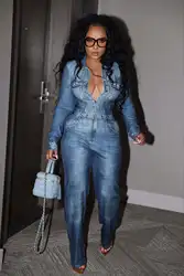 Fashion Blue Imitation Denim Jumpsuit Autumn Winter Women's Casual Commute Solid Color Straight Leg Jumpsuit Urban Style