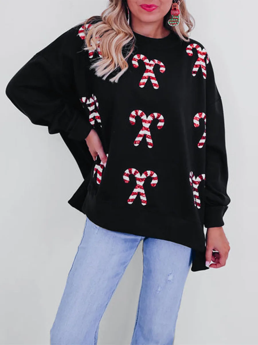 

Women Y2k Cute Sweatshirts Candy Cane Sequin Sweatshirt Sparkly Side Slit Oversized Long Sleeve Sweatshirts Party Clubwear