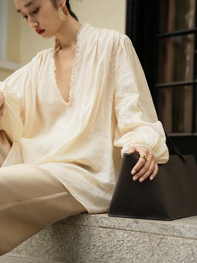 

LemonChen Romantic Left Bank Seine Loose Lantern Sve Sun Protection irt V-ne Flax 00% Summer 2025 Women's irt