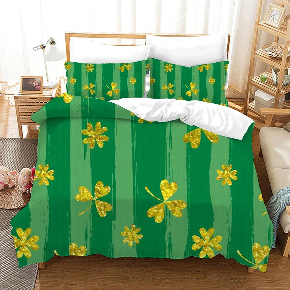 Irish St. Patrick's Day Duvet Cover Set Lucky Clovers Bedding Set Microfiber Green Four Leaves Clover Comforter Cover Twin Size