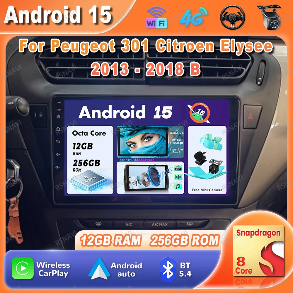 

Car Radio Android 15 For Peugeot 301 Citroen Elysee 2013 - 2018 IPS 360 Camera Carplay QLED 9/10 Inch Qualcomm DVD DSP 8 Core BT