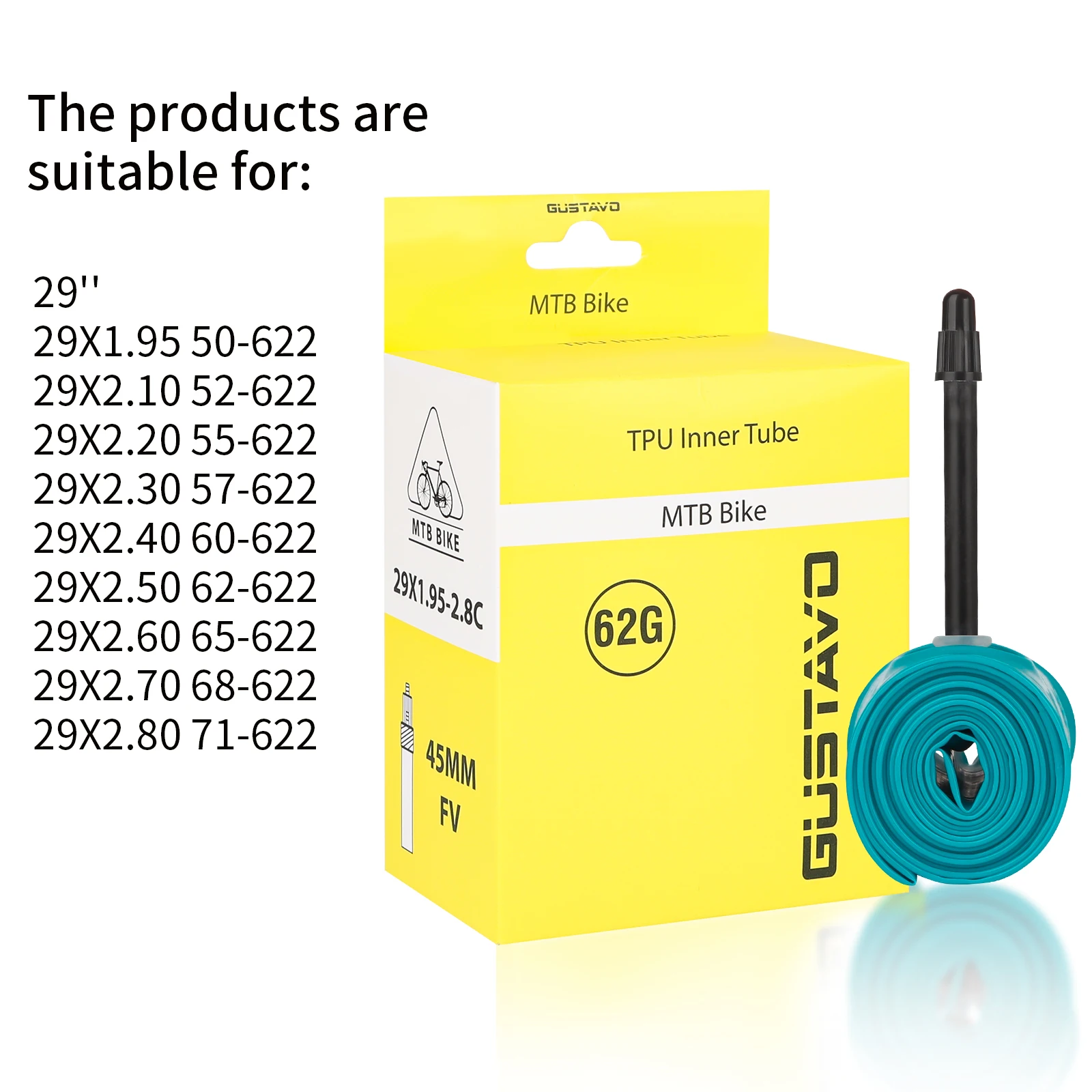 GUSTAVO TPU Tube MTB 26 27.5 29er Bike Inner Tire 29x1.95 2.0 2.1 2.2 2.3 2.4 2.5 2.6 2.7 2.8 Bicycle Lights Tire French Valve