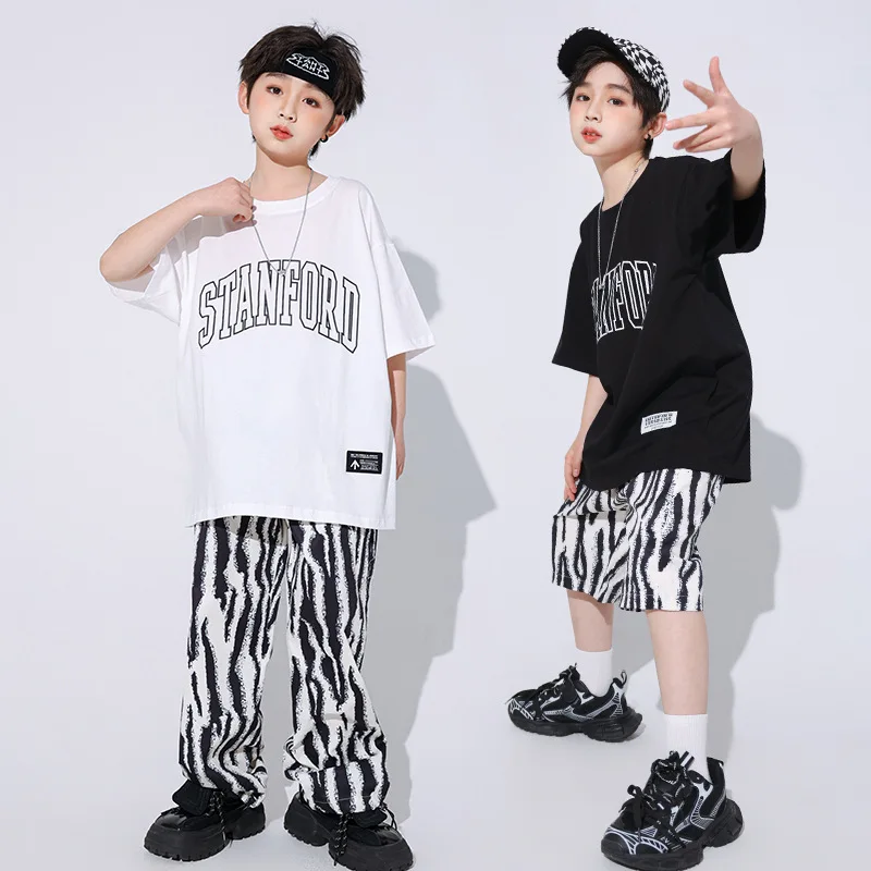 Kid Cool Hip Hop Clothing Graphic Tee T Shirt Striped Print Casual Summer Shorts Pants for Girl Boy Jazz Dance Costume Clothes