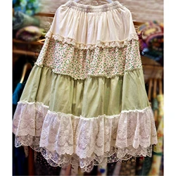 Women Vintage Cotton Linen Patchwork Ruffled Lace Green Long Midi Skirt Retro Chic Rococo Cottagecore Mori Girl A-line Skirt