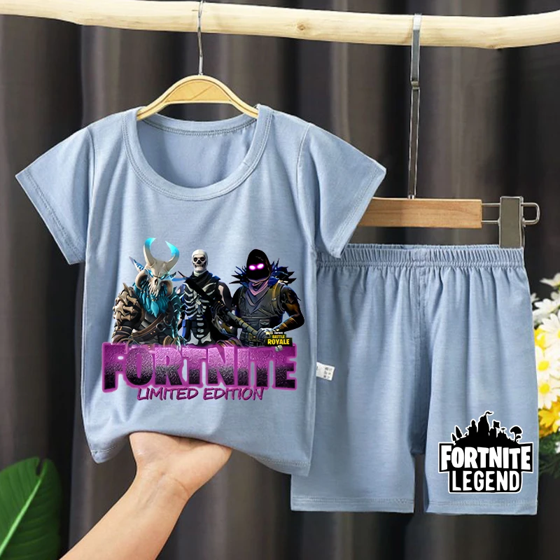 Fortnites 어린이 잠옷 만화 게임 그림 인쇄 짧은 소매 잠옷 아기 소년 Kawaii Loungewear 여름 어린이 의류