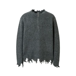Half Zipper Frayed Hem Ripped Solid Knitted Sweaters Mens and Womens Autumn Baggy Pullover Sweater Oversized Loose Clothes