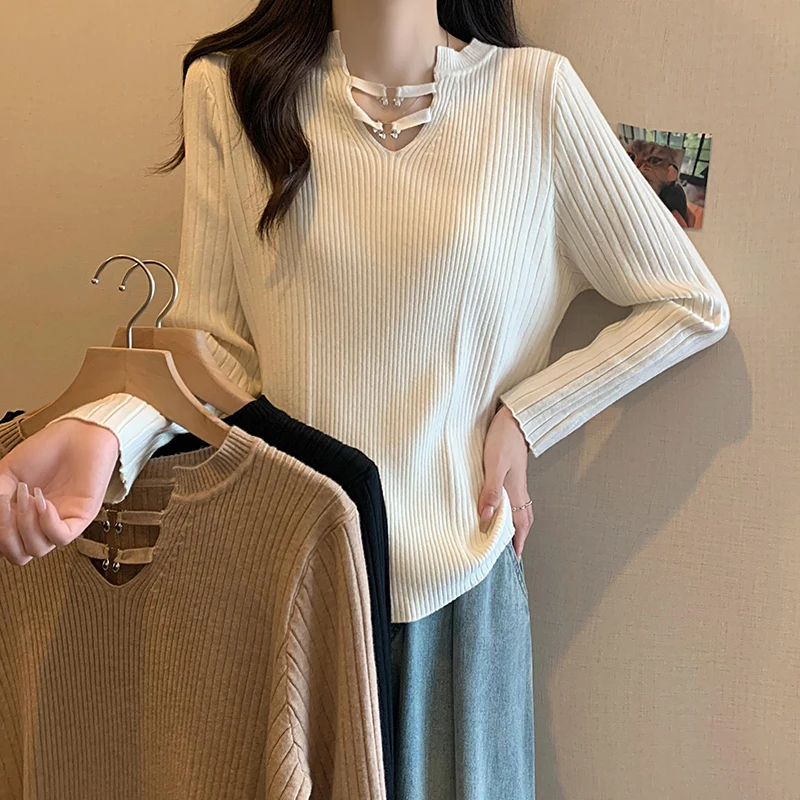 Y2K Jacquard Sweater For Women Fashion Stylish Elegant Chic Knitwear Pullover 2024 Autumn Long Sleeve V-neck Ladies Jumpers