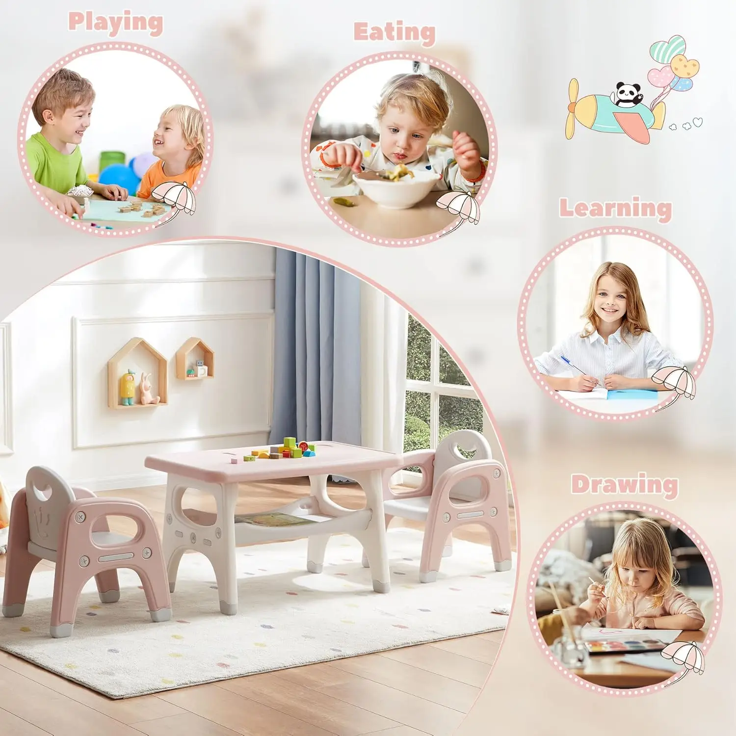 Conjunto de mesa e 2 cadeiras, grande armazenamento embutido, conjunto de mesa e cadeiras montessori para crianças, mesa de atividades infantis para desenhar jantar