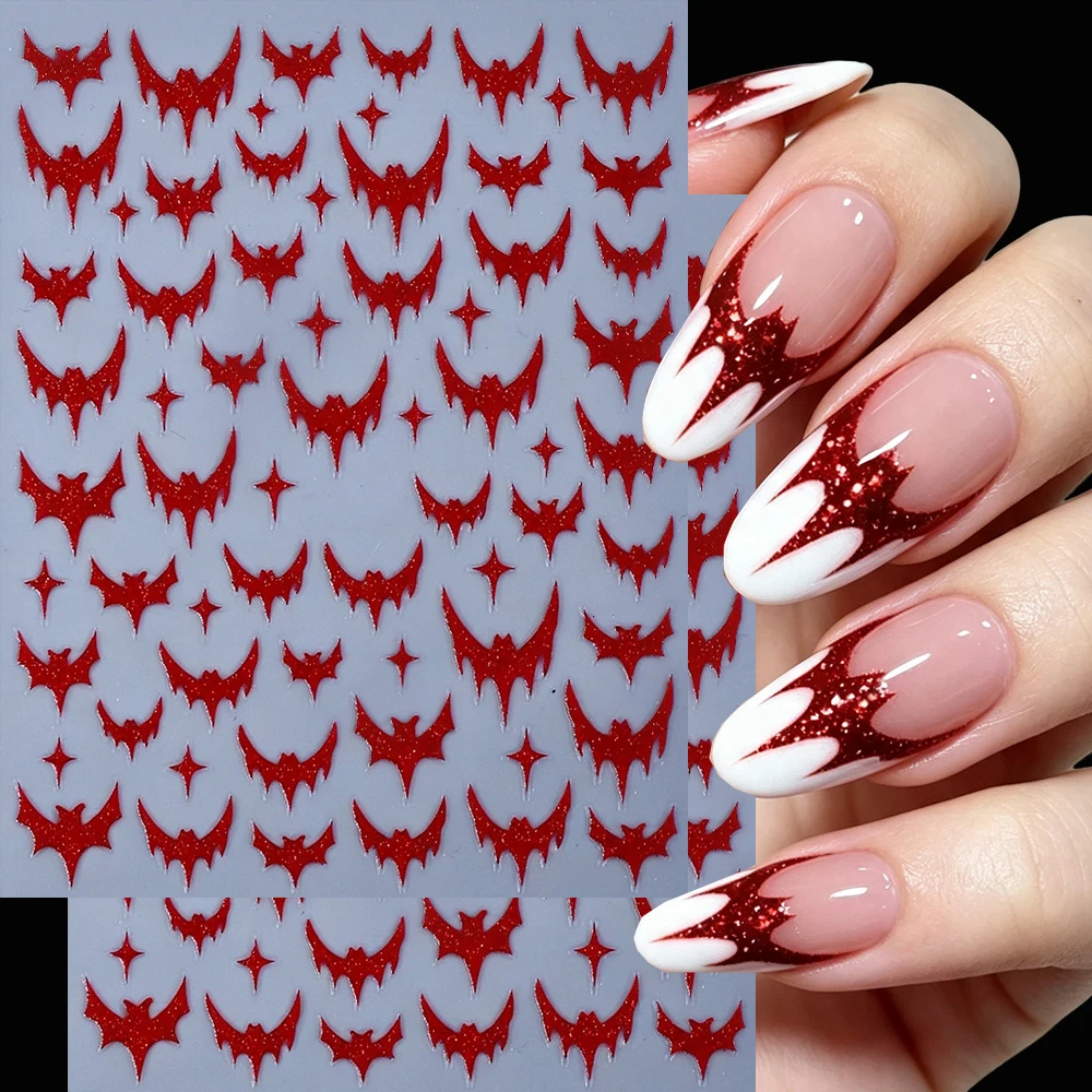 5D Gothic Red Glitter Bat Nail Stickers Sparkly Halloween Bat Star Self-adhesive Nail Decals For French Decorations Nail Sliders