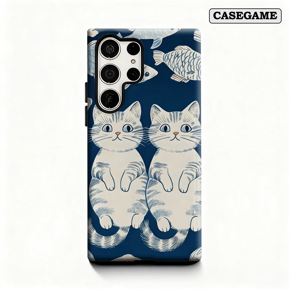 Funda Casegame para Samsung Galaxy S25 S26 Ultra S24 S23 Ultra Plus, Antigolpes, Doble Capa, Diseño Blue Cat Fish Duo