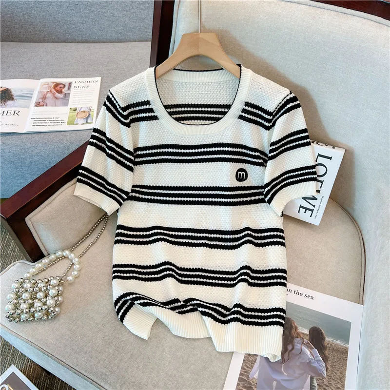 

2023 Summer Stylish Fashion Knit Tshirt Women's Sweater Tops Color-blocked Striped Short Sleeve O-neck Ladies Knitwear Pullover