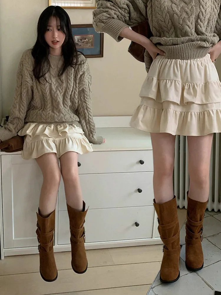 

Long Sve Knitted Sweater with Elastic Waist Layered Cake Skirt Dongda Gate Noodles Pattern Cute Fce Face Commute Sle