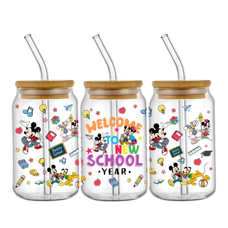 Disney Cartoon Back to School 16OZ UV DTF Cup Wraps Transfer Sticker For Glass Libbey Can Bottle Selfadhesive Washable Custom