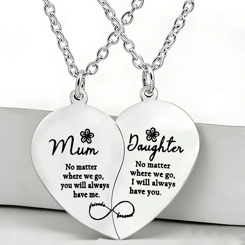 2Pcs Silver Plated Stainless Steel Mum Daughter Split Heart Necklace Set Ideal Gift For Mothers Day And Birthday