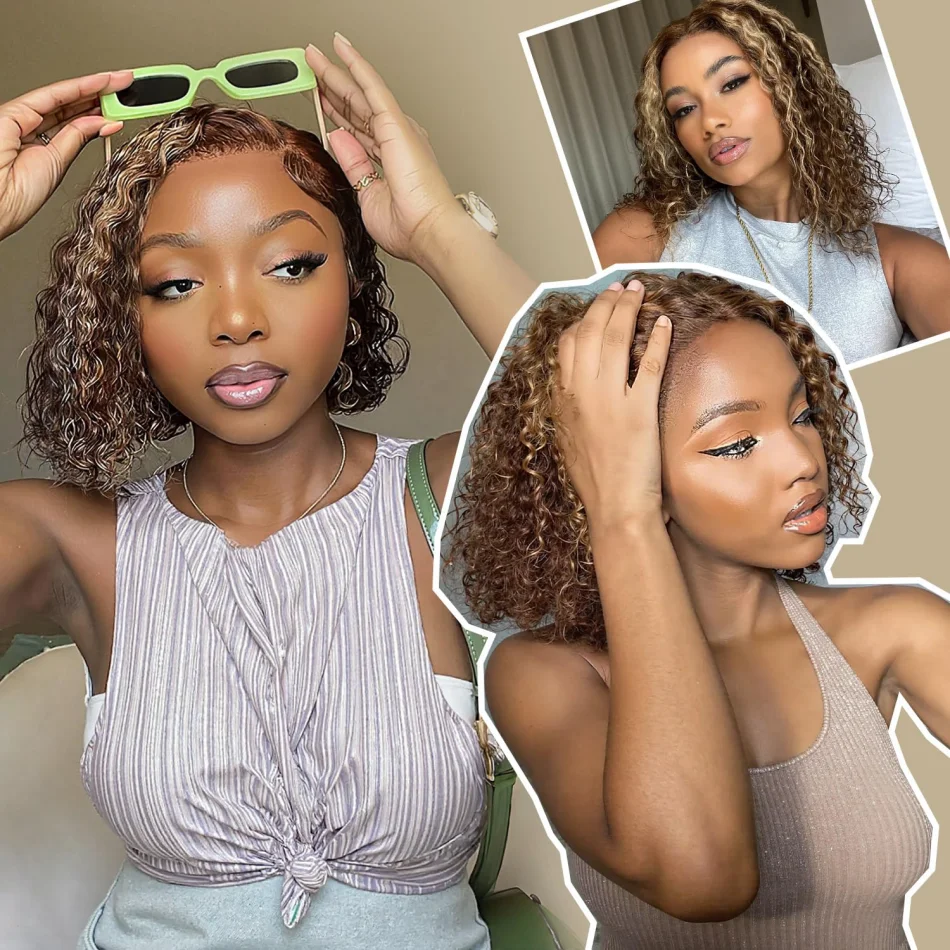 Highlight Honey Blonde Wear And Go Glueless Bob Wig Human Hair Curly Deep Wave Ombre Brown 5X5 Hd Lace Closure Wig 250 Density view 3